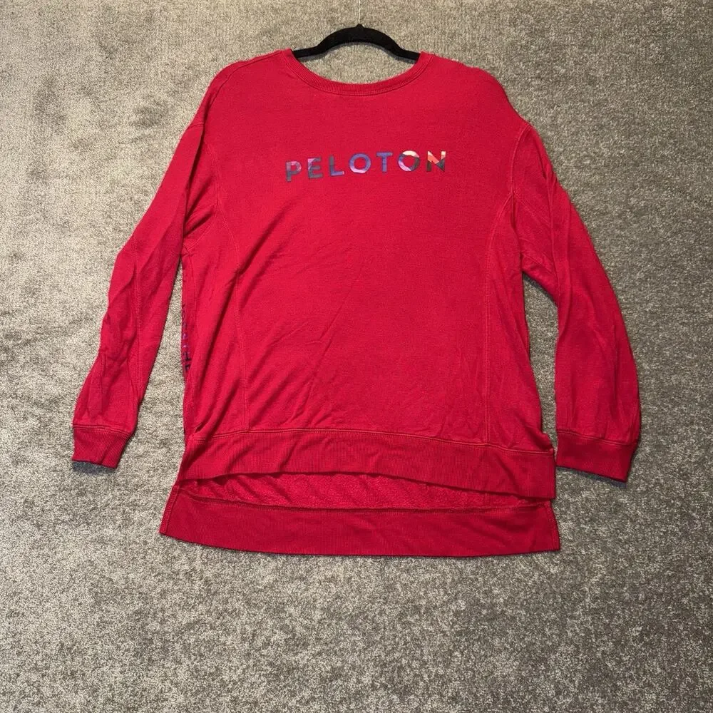 Peloton Weekender Sweatshirt Women's Medium Red Spellout Side Slit Crew Neck‎